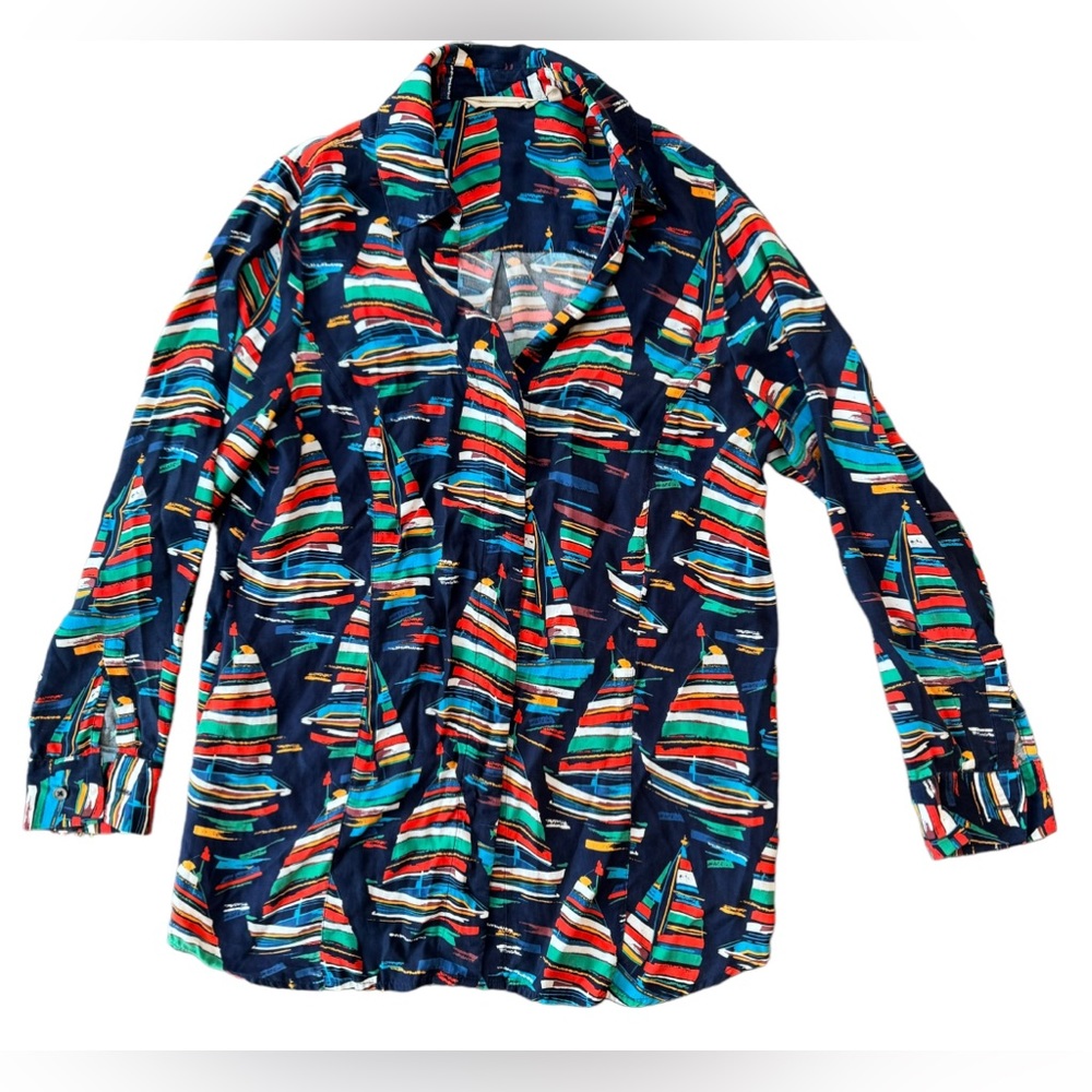 Soft Surroundings Sail‎ Away Size XS Sailboat Button Front Tunic Top Blouse